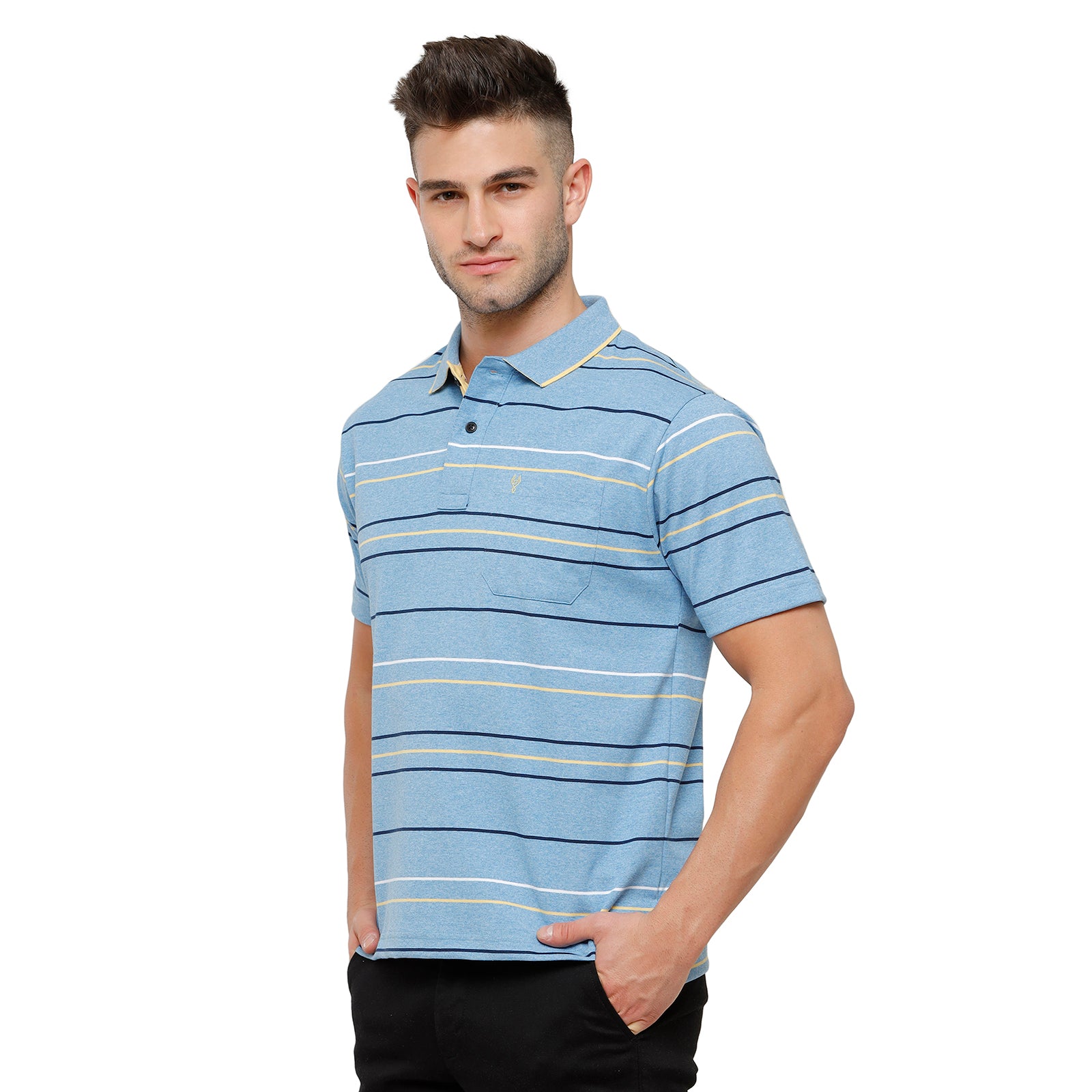 Classic Polo Mens Striped Authentic Fit Polo Neck Sky Blue Colour T-Shirt - MEL 206 B T-shirt Classic Polo 