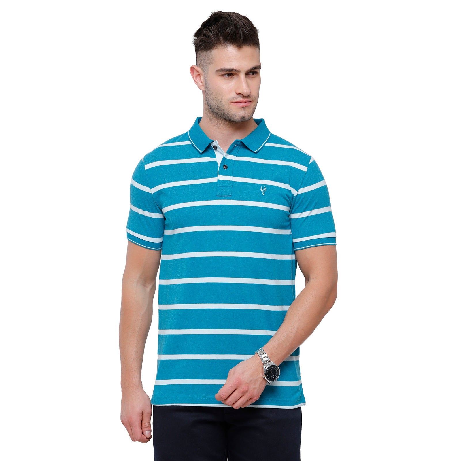 Classic Polo Mens Cotton Striped Slim Fit Polo Neck Blue Colour T-Shirt - Cpeg 273A T-shirt Classic Polo 