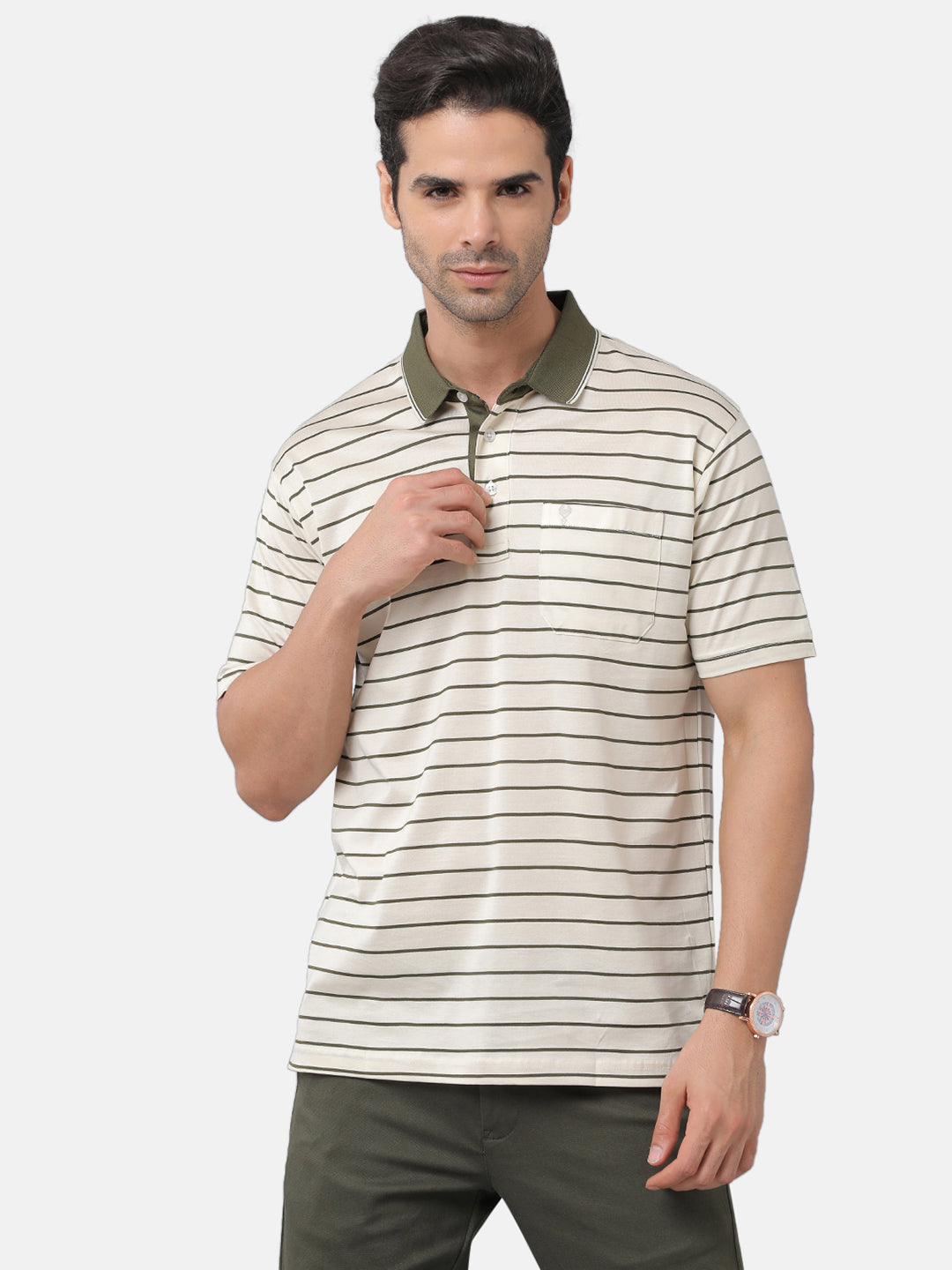 Classic Polo Mens Cotton Striped Authentic Fit Polo Neck Cream Color T-Shirt | ultimo 276B