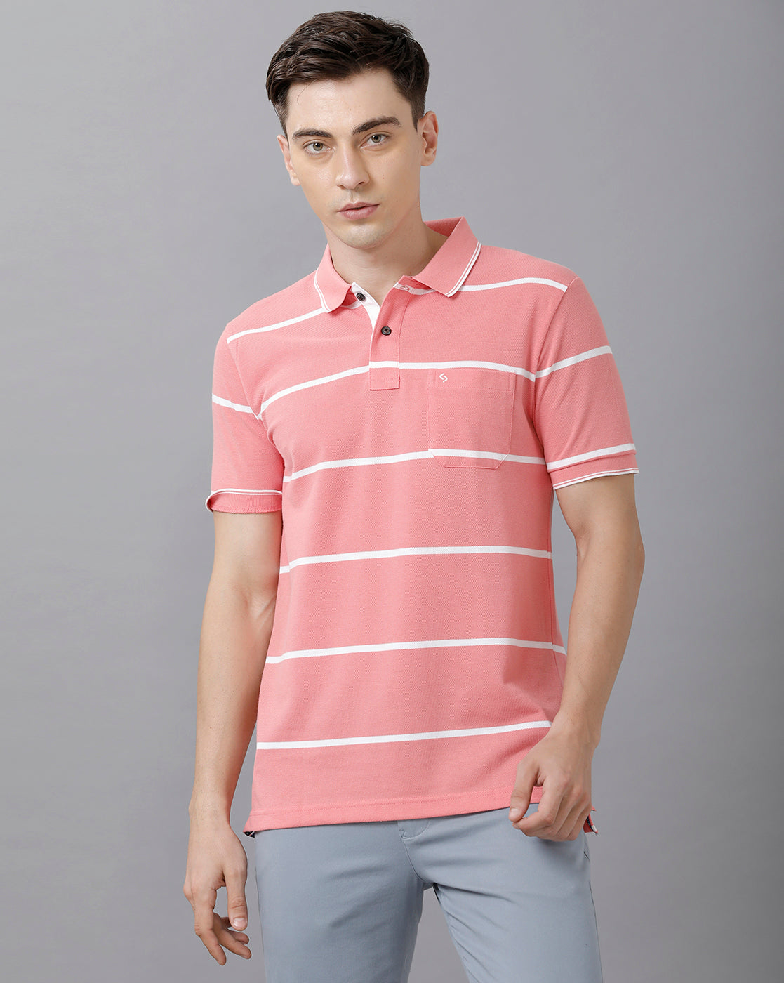 Classic Polo Mens Cotton Blend Striped Half Sleeve Slim Fit Polo Neck Pink Color T-Shirt | Adore 176 B