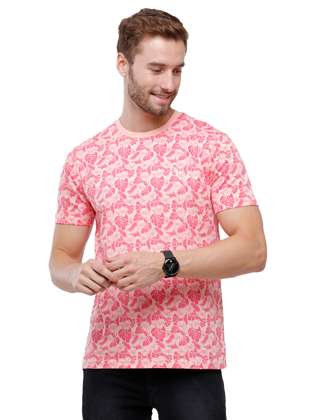 Swiss Club Mens Pink Printed Slim Fit Half Sleeve Round Neck T-Shirt (CUB - 55 A SF C) T-shirt Swiss Club 