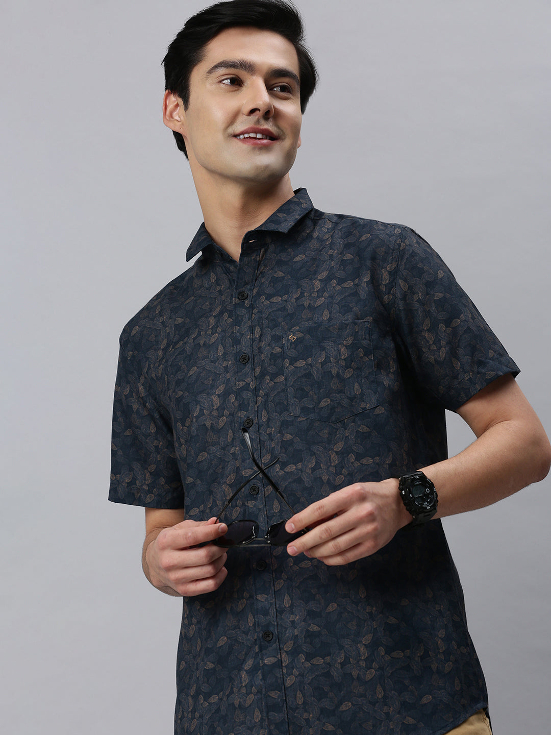 Classic Polo Men's Cotton Half Sleeve Printed Slim Fit Collar Neck Navy Blue Color Woven Shirt | So1-30 B