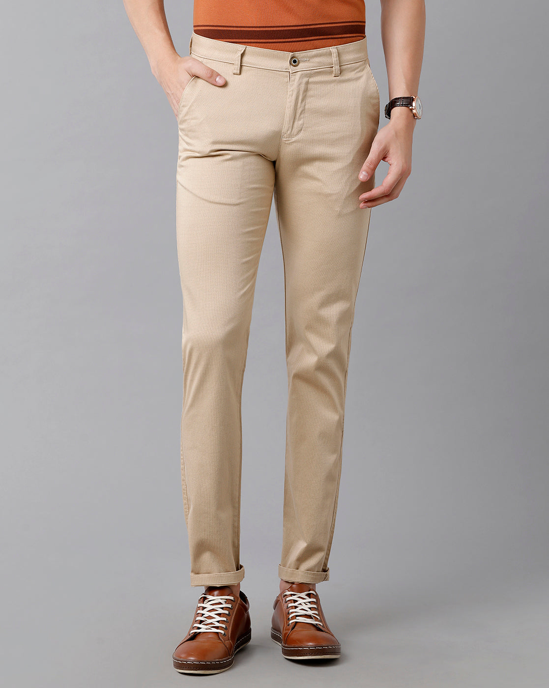 CP BRO Men's Cotton Solid Slim Fit Cream Color Trousers | Tbn2-20 A