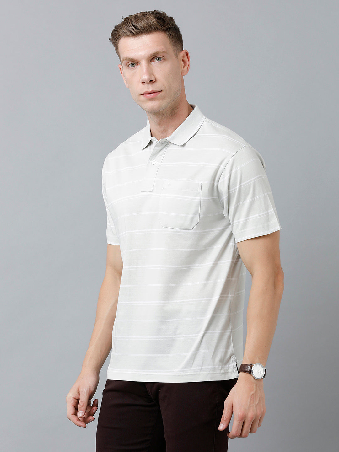 Classic Polo Men's Cotton Half Sleeve Striped Authentic Fit Polo Neck Light Grey Color T-Shirt | Ap - 88 A