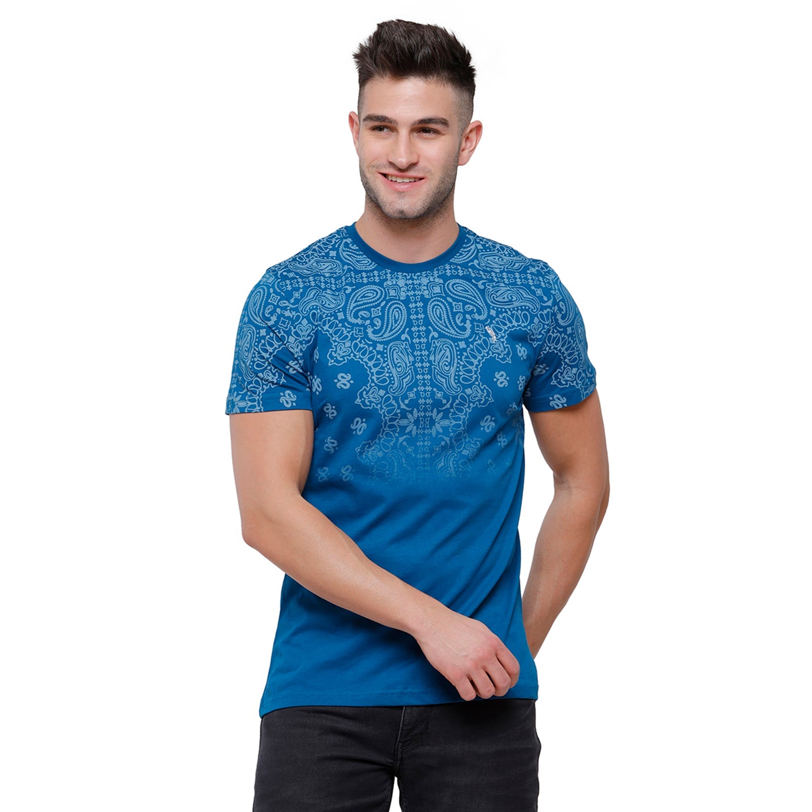 Swiss Club Mens Blue Printed Slim Fit Half Sleeve Round Neck T-Shirt - CUB 54 A T-shirt Swiss Club 