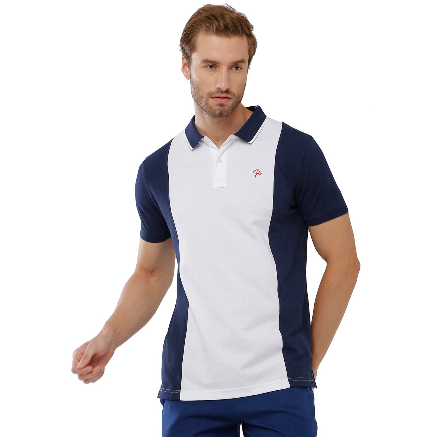 Classic Polo Bro Mens Color Block Slim Fit Polo Neck White & Navy T-Shirt -Brp 330 A T-shirt Classic Polo 