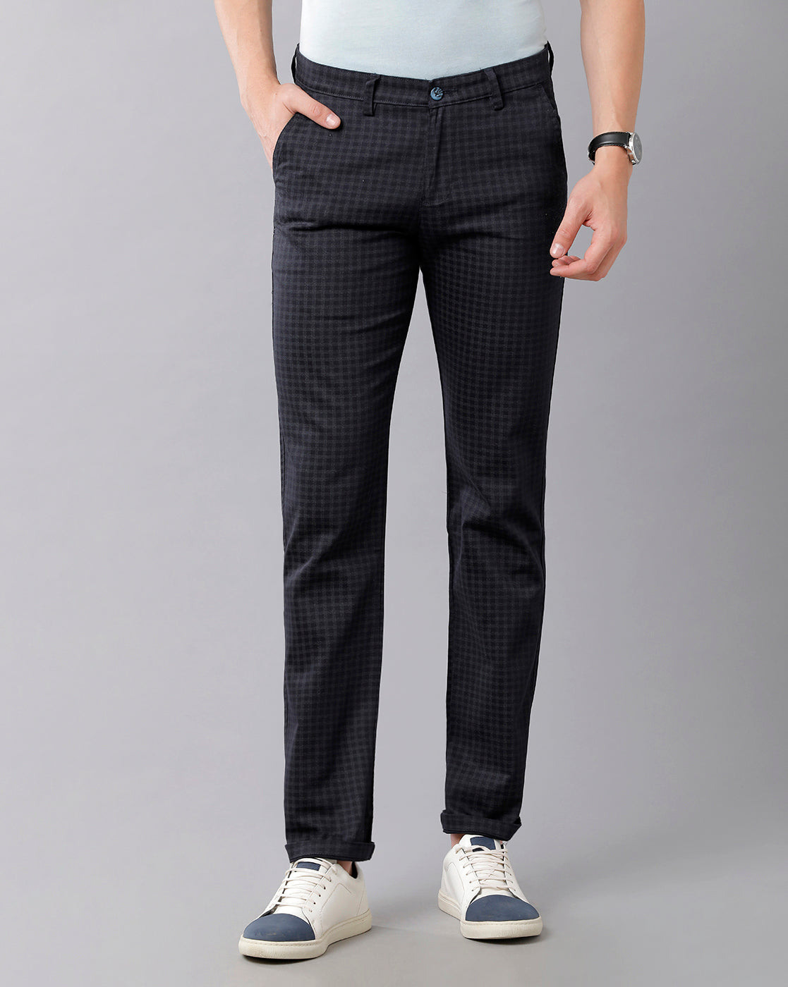 CP BRO Men's Cotton Checked Slim Fit Navy Color Trousers | Tbn2-26 B