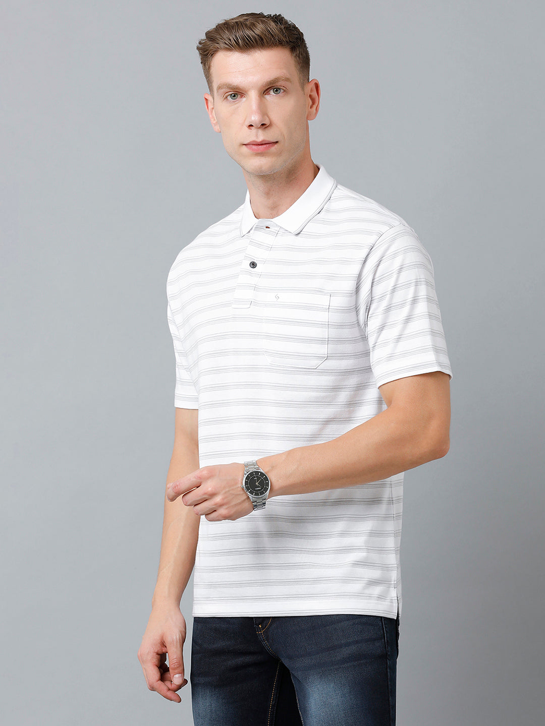 Classic Polo Men's Cotton Half Sleeve Striped Authentic Fit Polo Neck White Color T-Shirt | Feeders - 223 A
