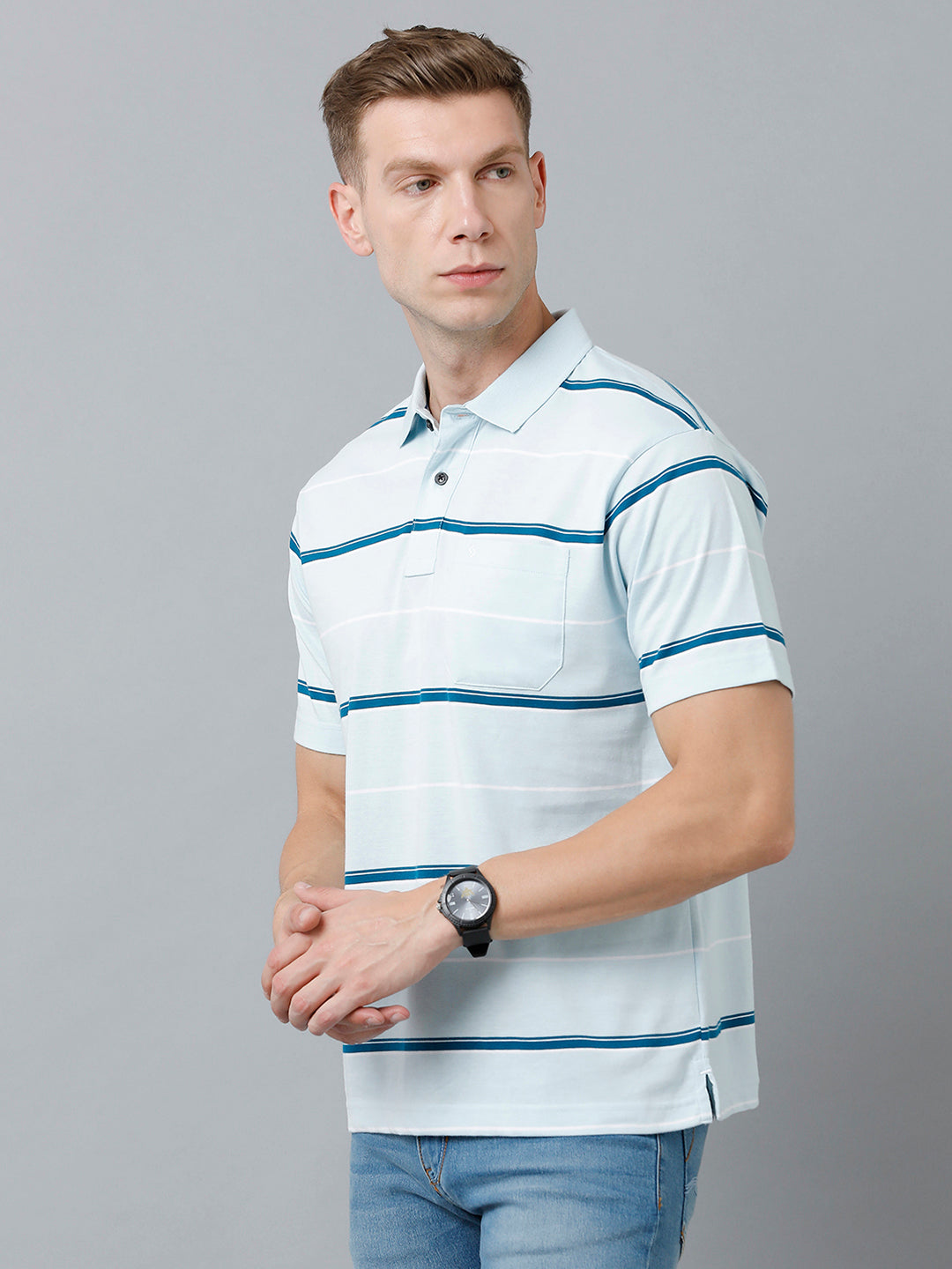 Classic Polo Men's Cotton Blend Half Sleeve Striped Authentic Fit Polo Neck Sky Blue Color T-Shirt | Avon - 520 B