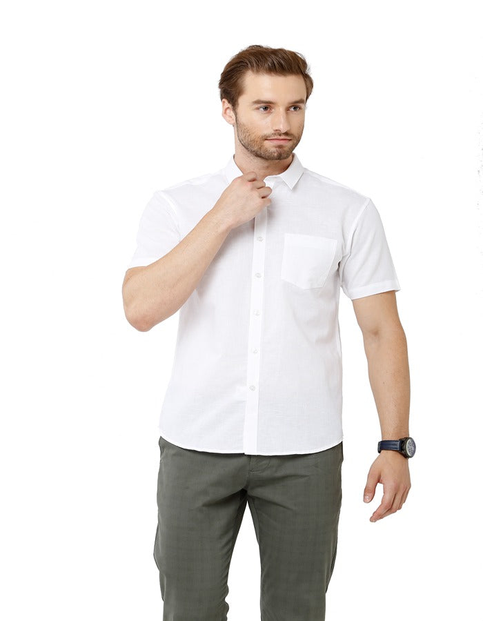 Classic Polo Mens Solid Full Sleeve Milano Fit Half Sleeve Woven Shirt -Mica White HS
