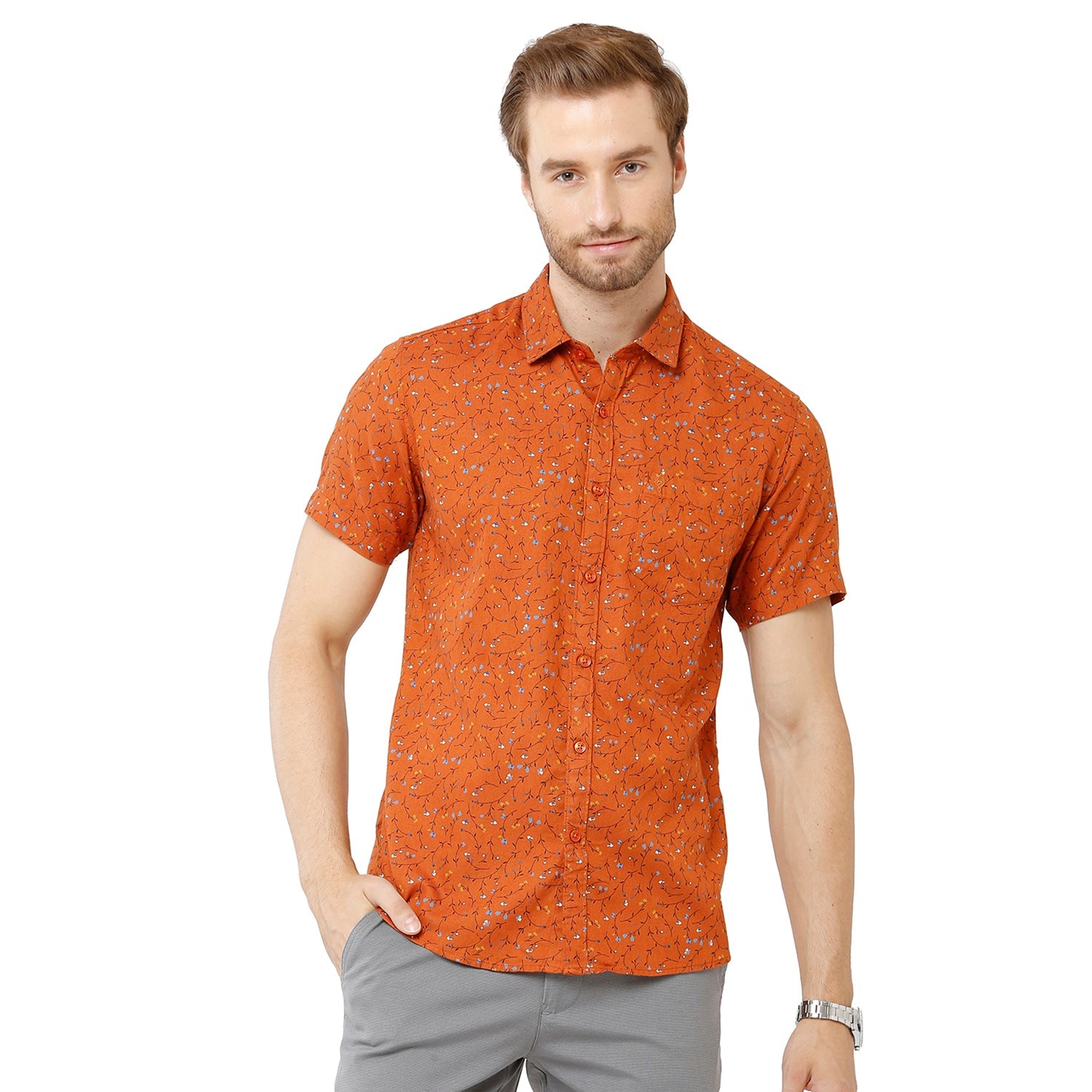 Classic Polo Mens 100% Cotton Printed Slim Fit Orange Color Woven Shirt - SN1-120 A Shirts Classic Polo 
