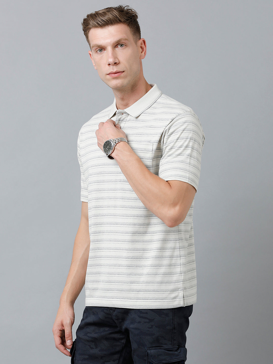 Classic Polo Men's Cotton Half Sleeve Striped Authentic Fit Polo Neck Light Grey Color T-Shirt | Feeders - 214 A
