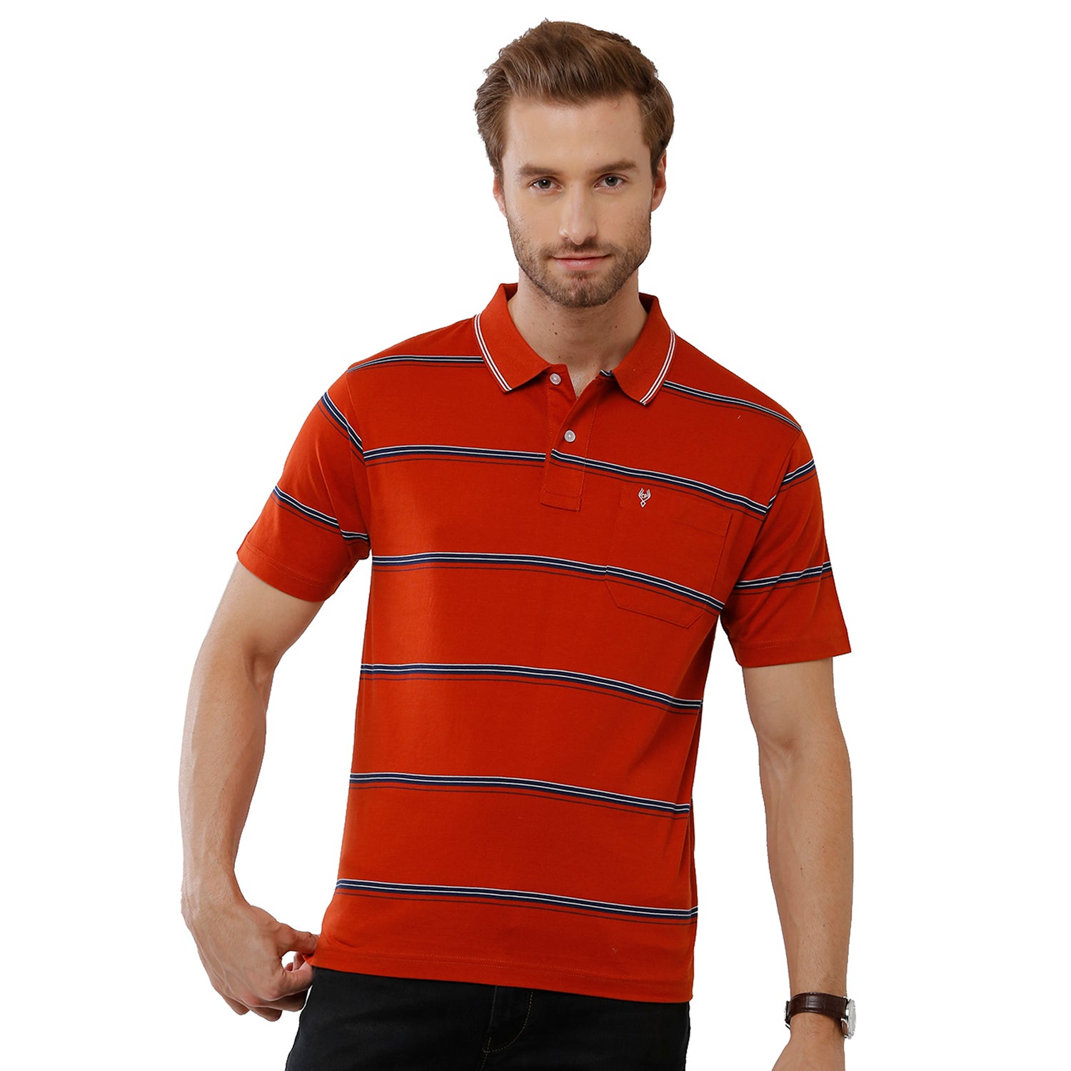 Classic Polo Mens 100% Cotton Stripped Authentic Fit Red Color Polo Neck T-Shirt -AP 64 A T-shirt Classic Polo 