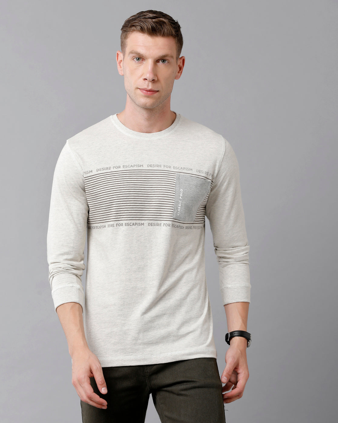 Classic Polo Men's Cotton Printed Full Sleeve Slim Fit Round Neck White Color T-Shirt | Baleno Fs - 478 A