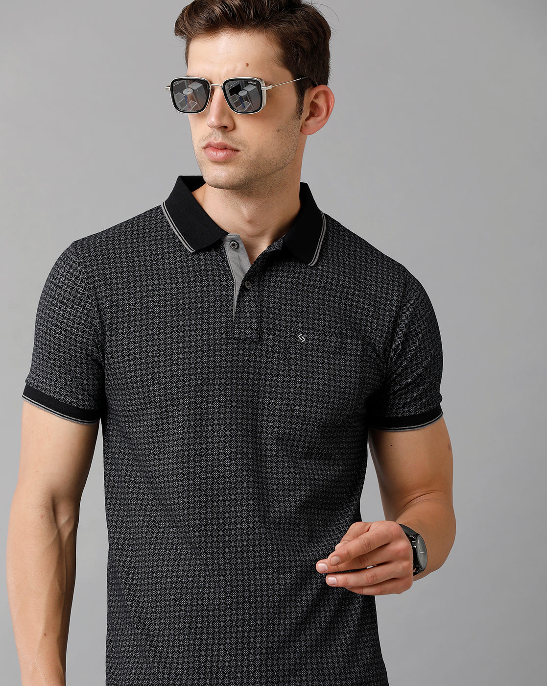 Classic Polo Mens Cotton Printed Half Sleeve Slim Fit Polo Neck Black Color T-Shirt | Bello 182 B