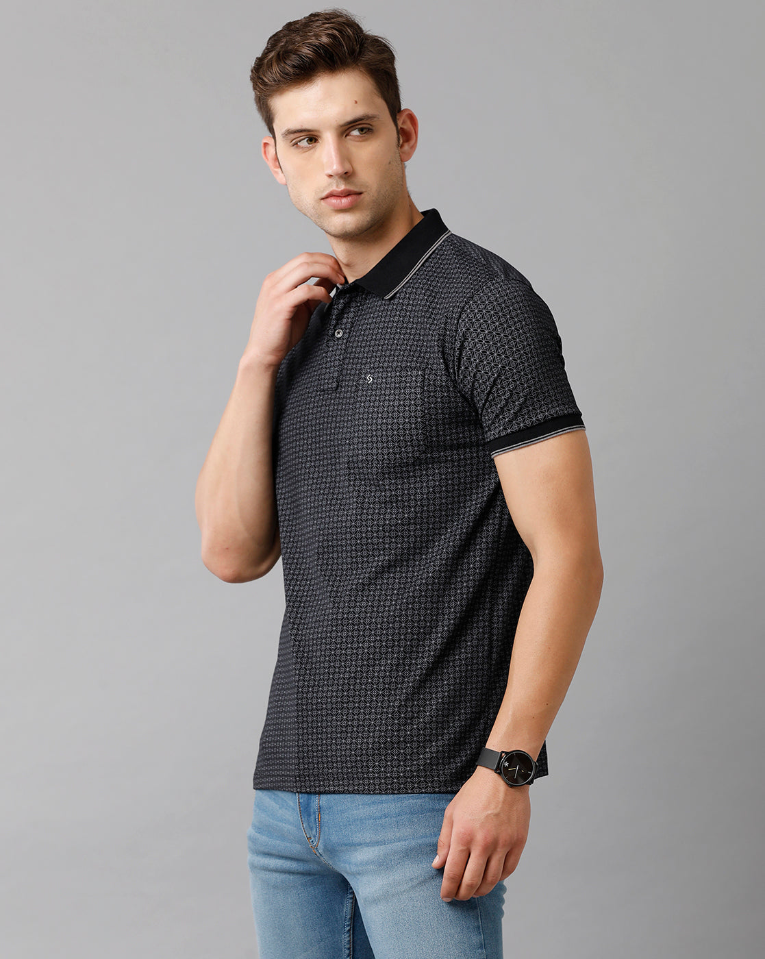 Classic Polo Mens Cotton Printed Half Sleeve Slim Fit Polo Neck Black Color T-Shirt | Bello 182 B