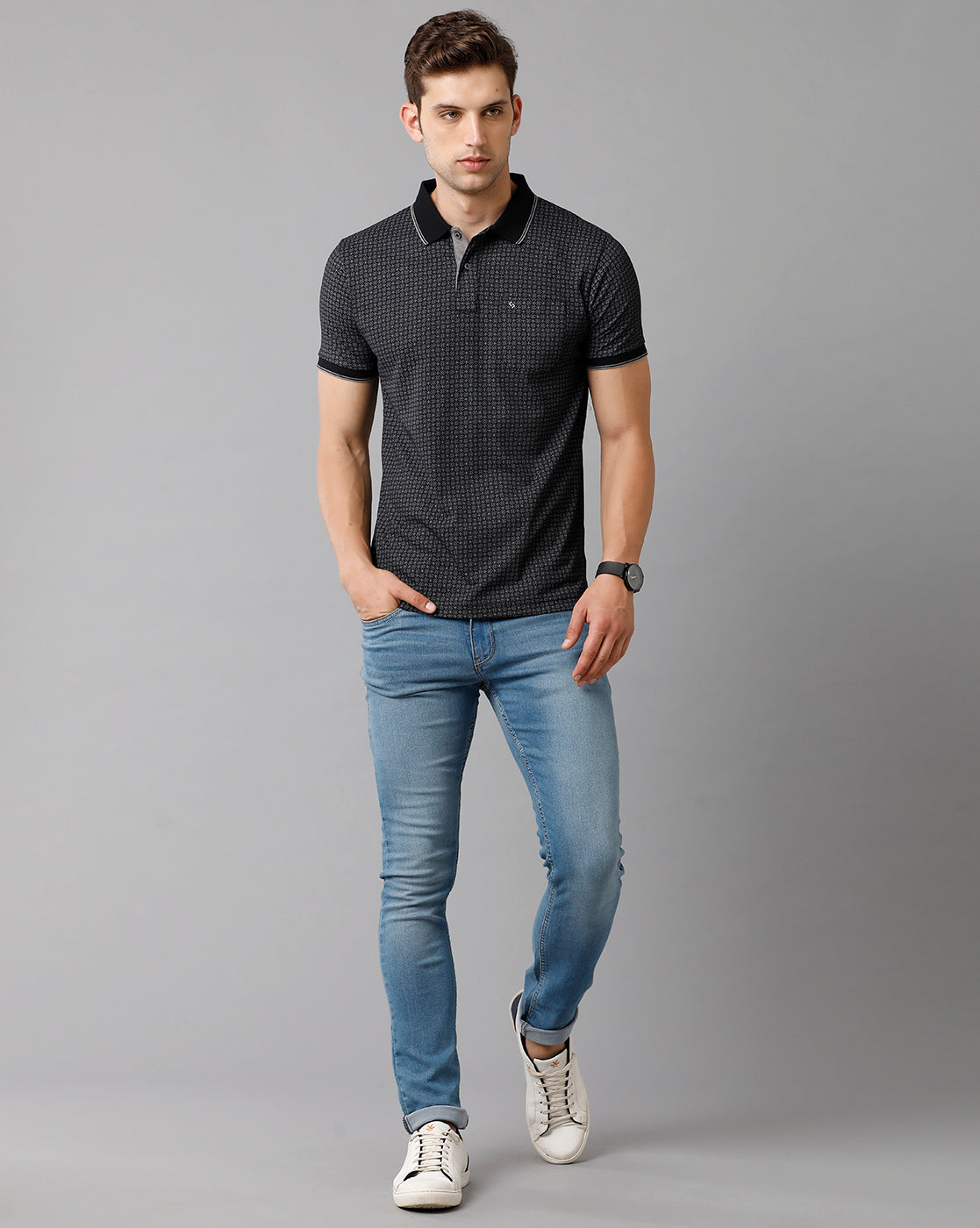 Classic Polo Mens Cotton Printed Half Sleeve Slim Fit Polo Neck Black Color T-Shirt | Bello 182 B