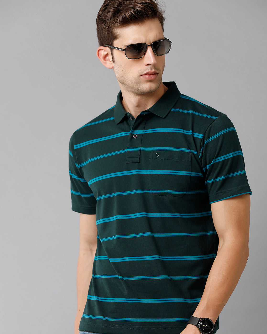 Classic Polo Mens Cotton Blend Striped Half Sleeve Authentic Fit Polo Neck Dark Green Color T-Shirt | Avon 498 B