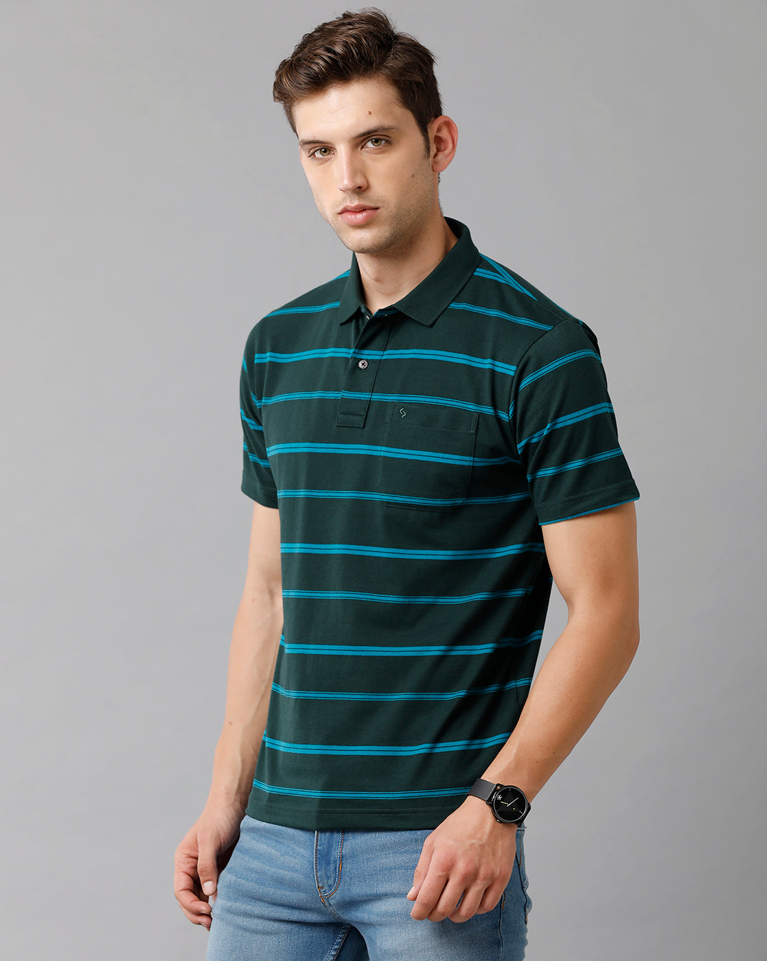 Classic Polo Mens Cotton Blend Striped Half Sleeve Authentic Fit Polo Neck Dark Green Color T-Shirt | Avon 498 B