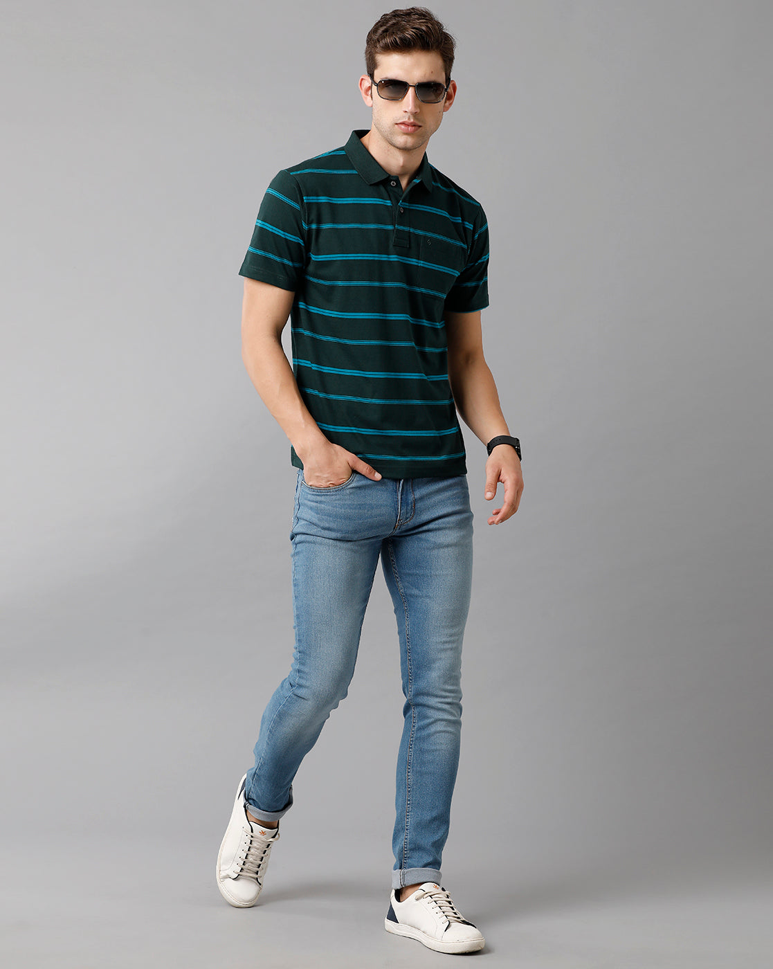Classic Polo Mens Cotton Blend Striped Half Sleeve Authentic Fit Polo Neck Dark Green Color T-Shirt | Avon 498 B