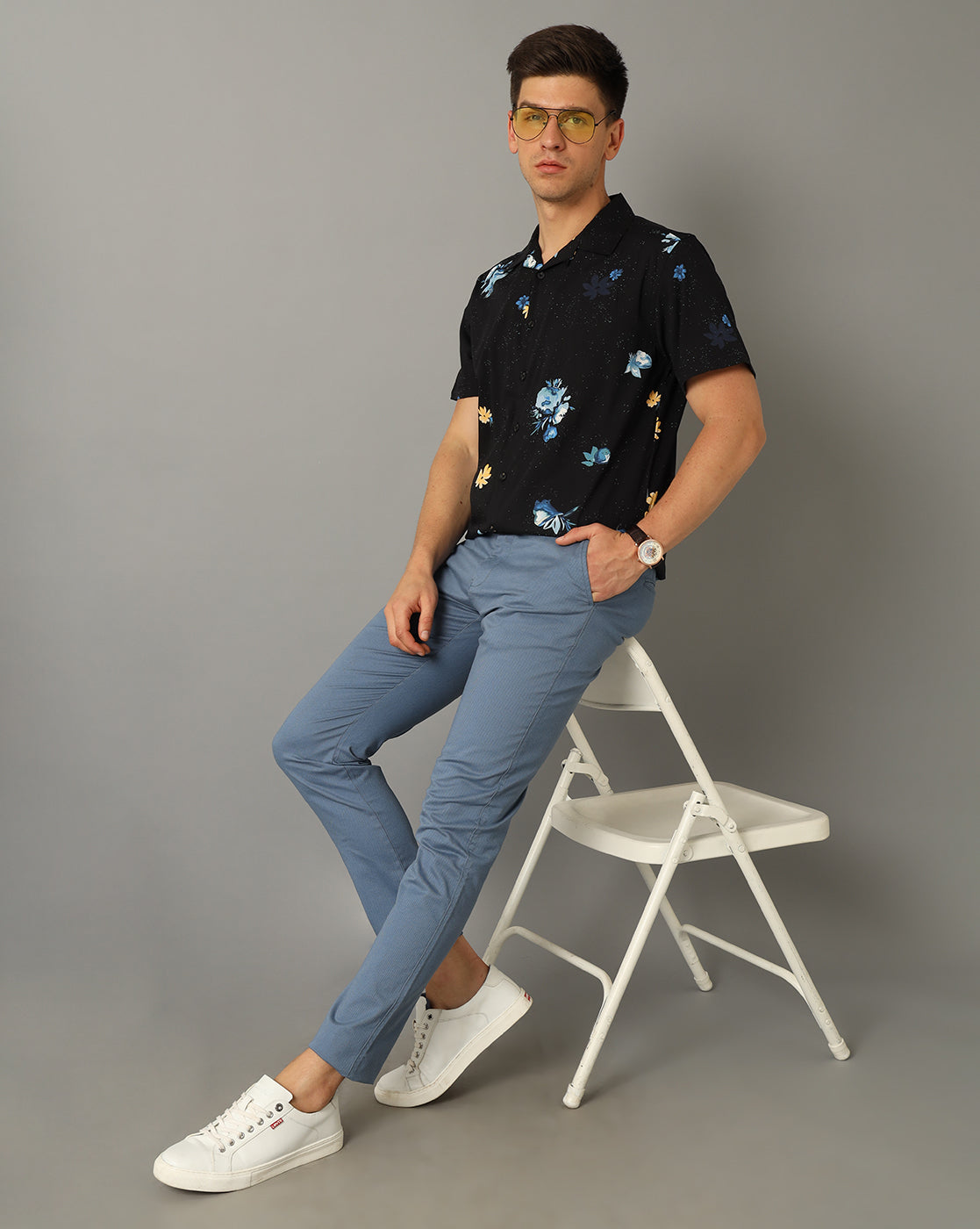 Classic Polo Men's 100% Cotton Moderate Fit Solid Blue Color Trouser | TO1-34 C-BLU