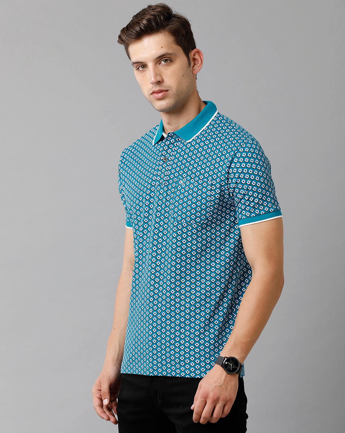 Classic Polo Mens Cotton Printed Half Sleeve Slim Fit Polo Neck Blue Color T-Shirt | Beau 176 A