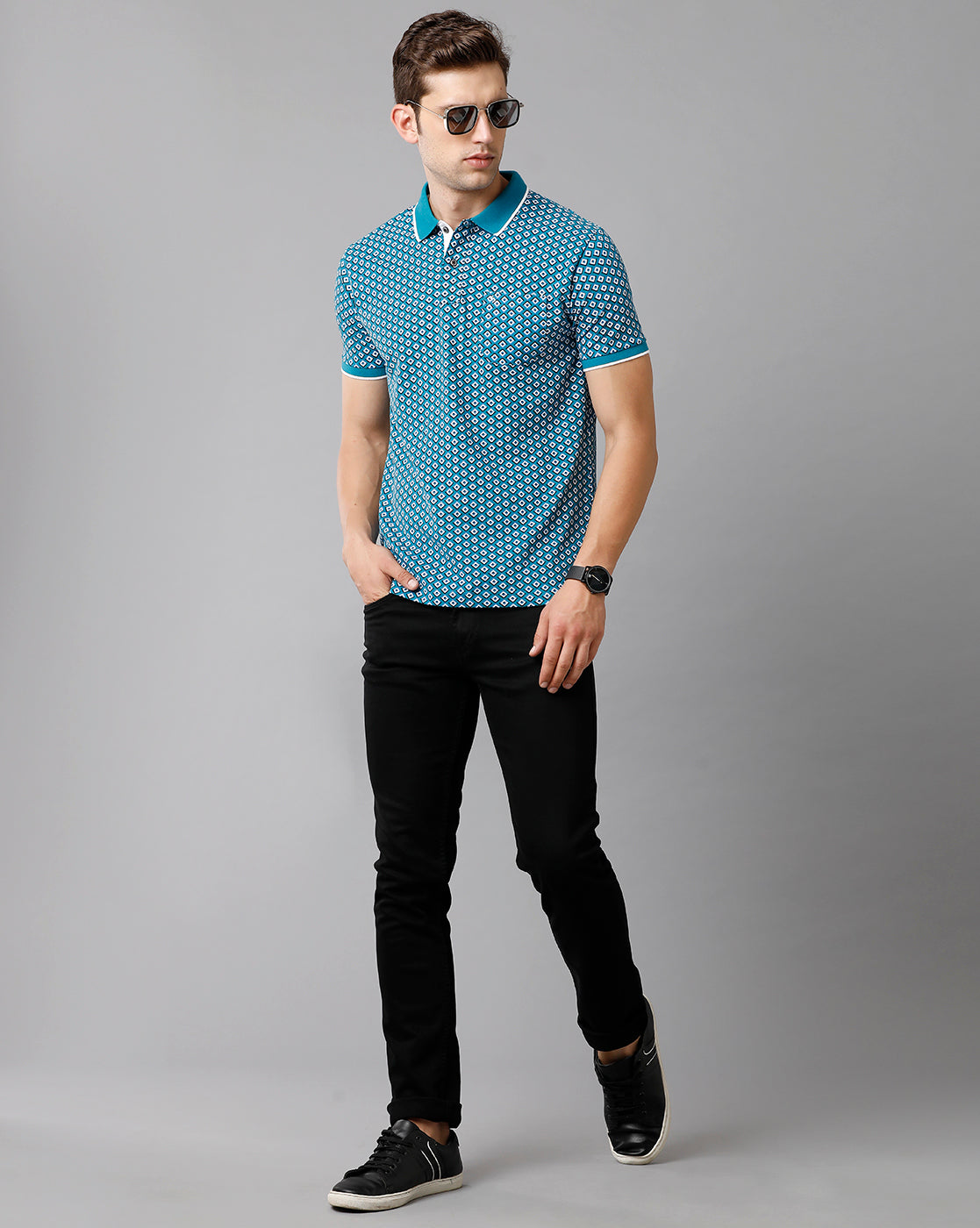 Classic Polo Mens Cotton Printed Half Sleeve Slim Fit Polo Neck Blue Color T-Shirt | Beau 176 A