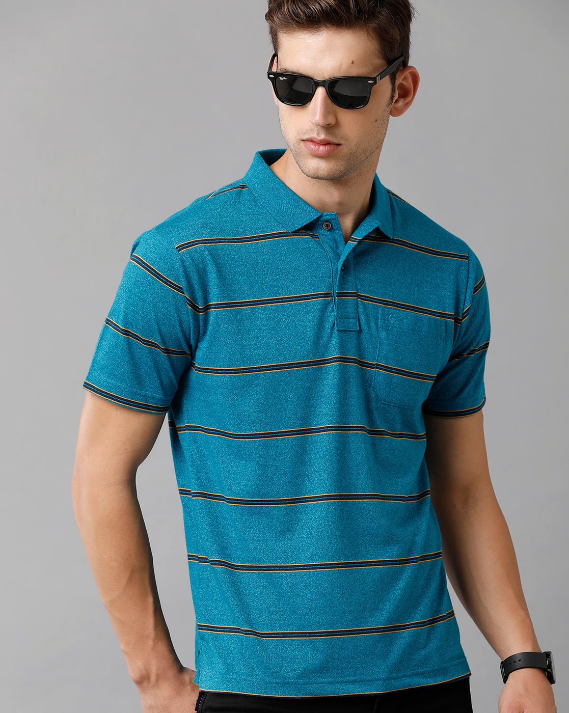 Classic Polo Mens Cotton Blend Striped Half Sleeve Authentic Fit Polo Neck Azure Blue Color T-Shirt | Avon 505 A