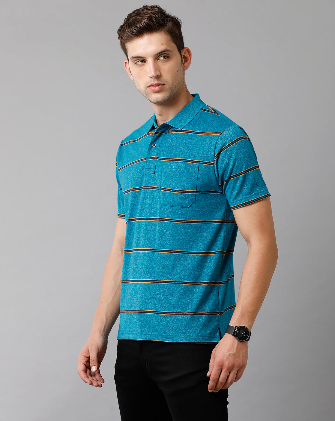 Classic Polo Mens Cotton Blend Striped Half Sleeve Authentic Fit Polo Neck Azure Blue Color T-Shirt | Avon 505 A
