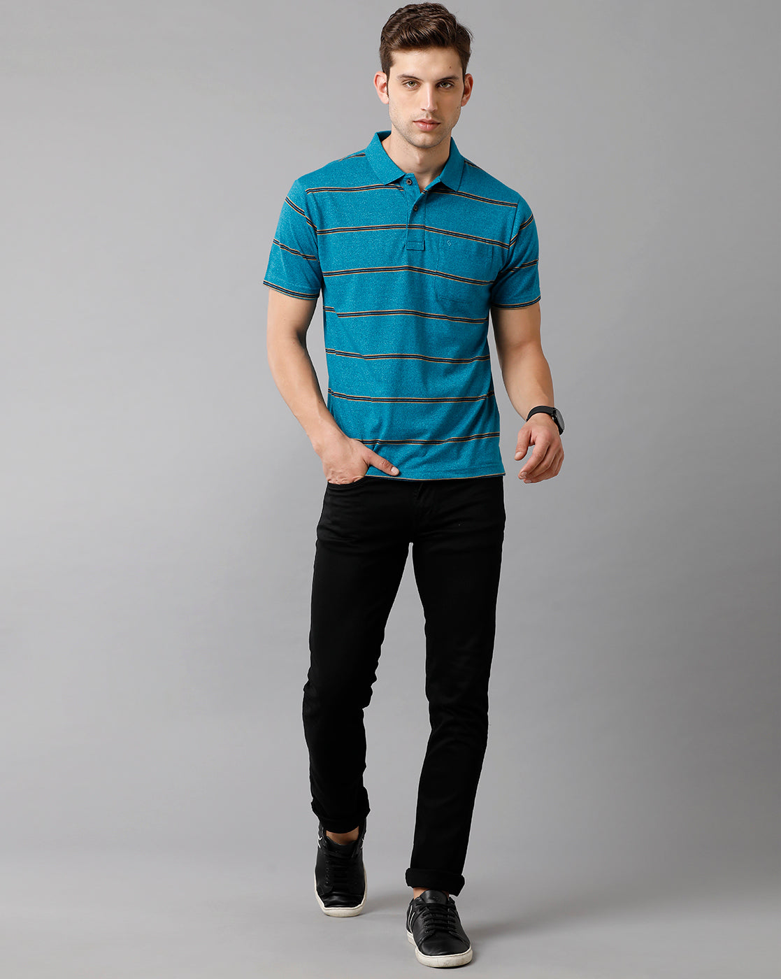 Classic Polo Mens Cotton Blend Striped Half Sleeve Authentic Fit Polo Neck Azure Blue Color T-Shirt | Avon 505 A
