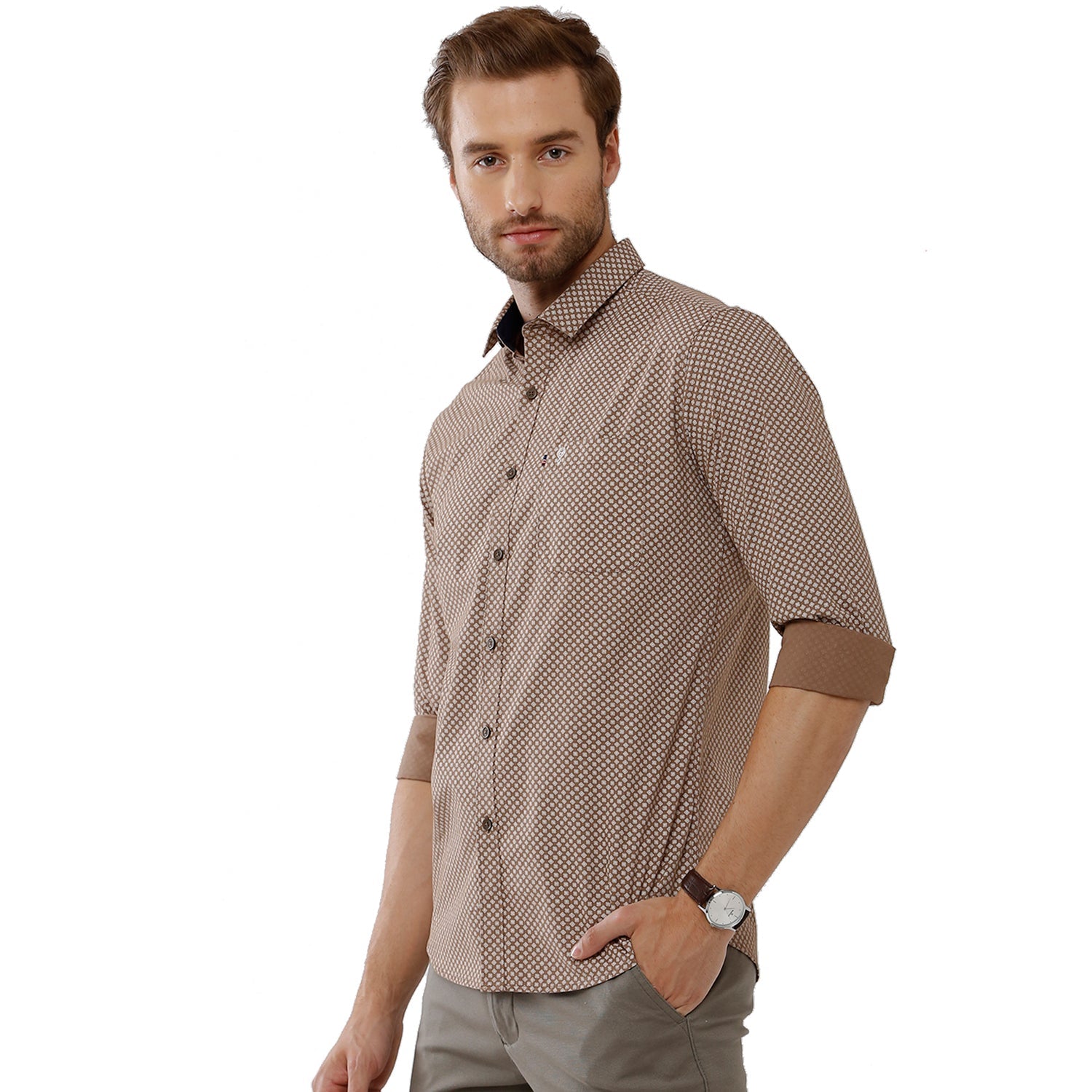 Classic Polo Mens 100% Cotton Full Sleeve Printed Slim Fit Beige Woven Shirt -SN1 56 B Shirts Classic Polo 