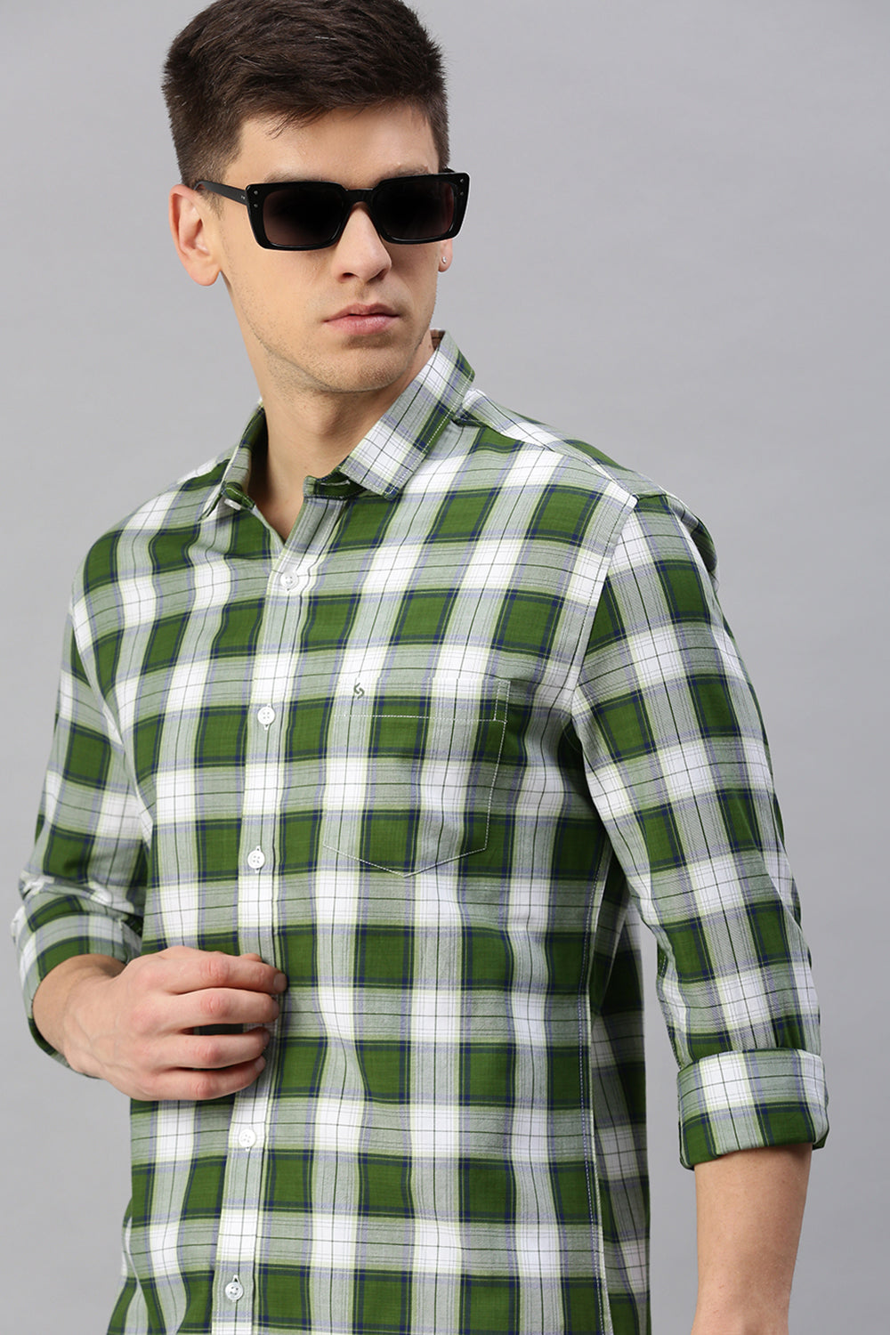 Classic Polo Men's Cotton Full Sleeve Checked Slim Fit Polo Neck Green Color Woven Shirt | So1-65 A