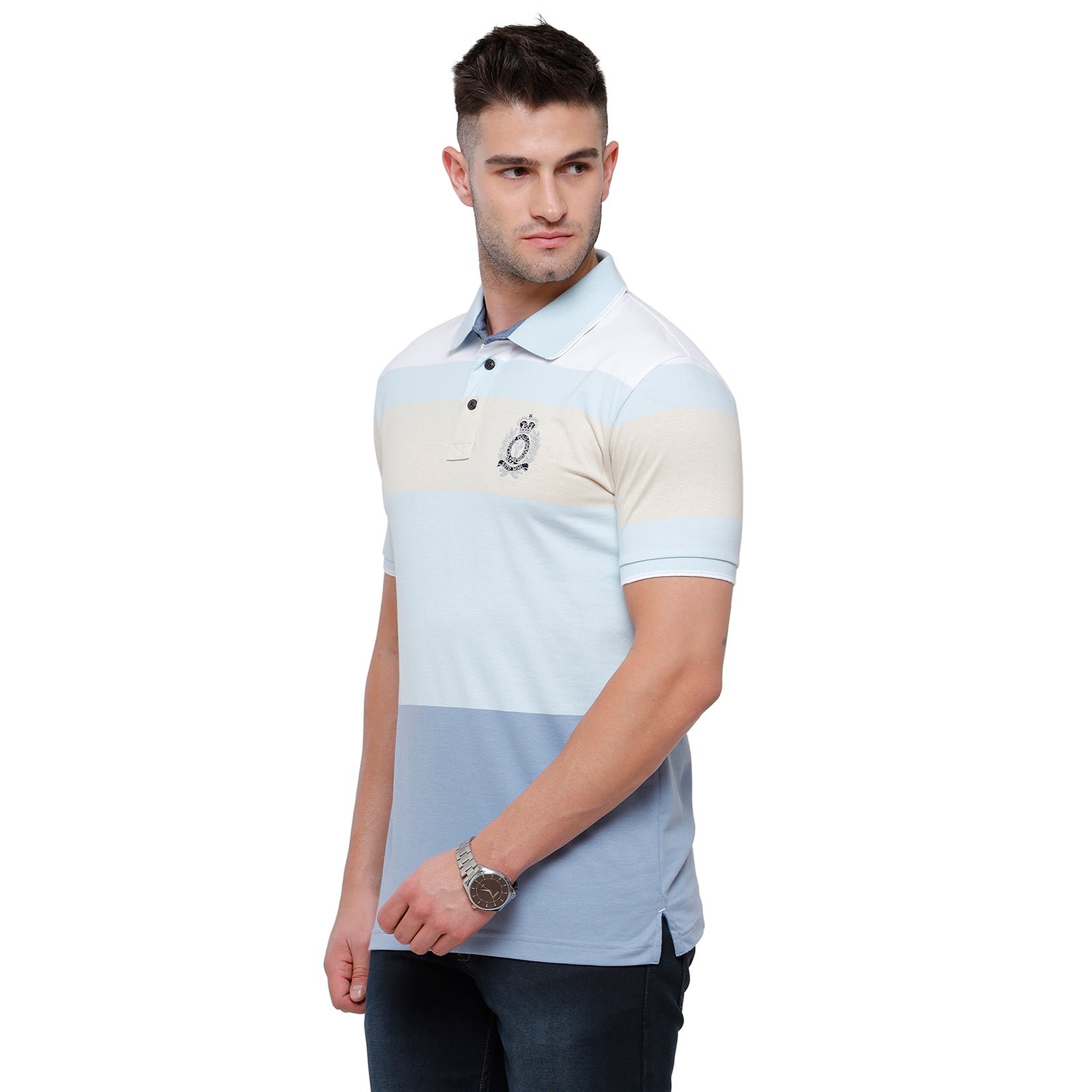 Classic Polo Mens Multi Blue Stripped Half Sleeve Slim Fit Polo Neck T-Shirt - Vta 182 B T-shirt Classic Polo 