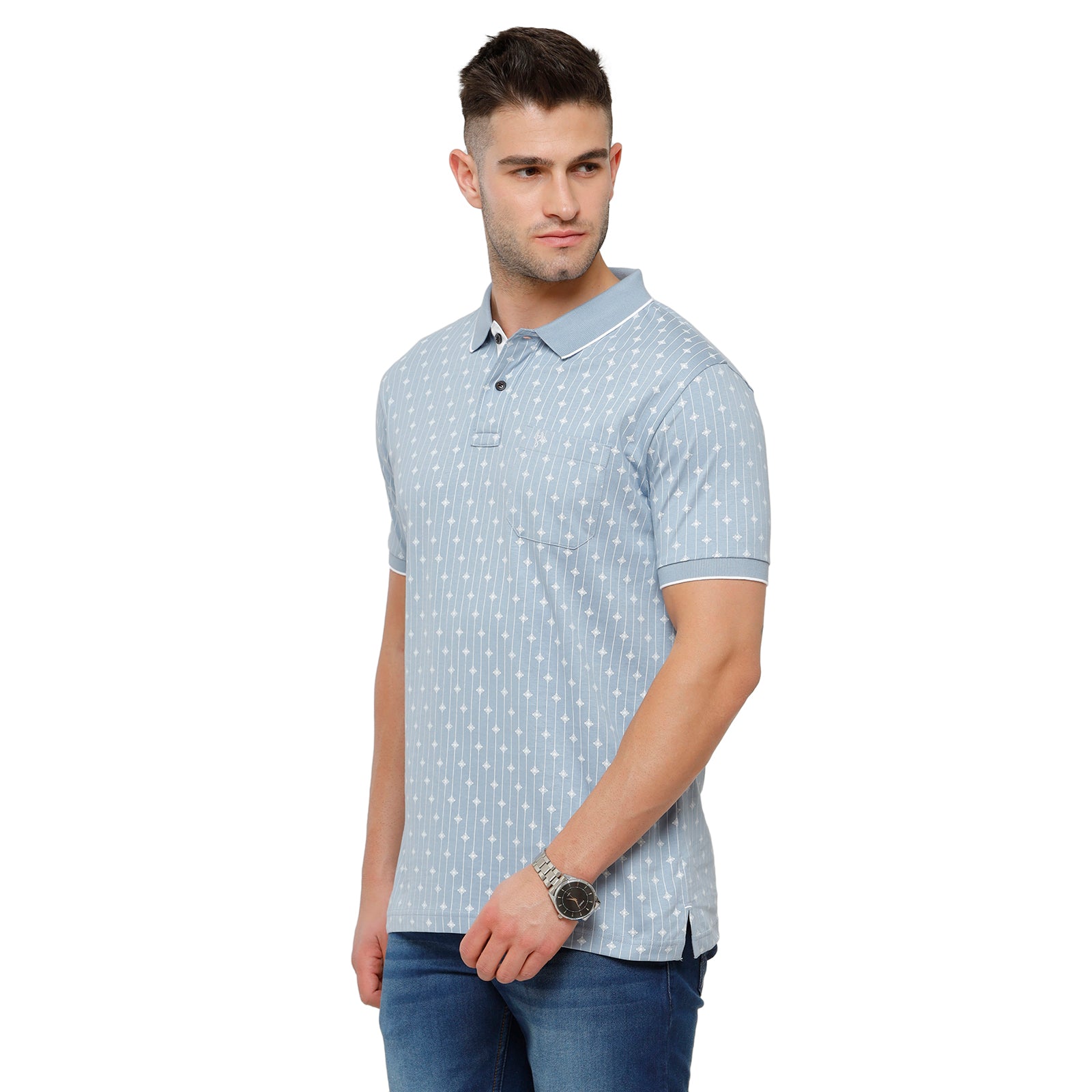 Classic Polo Mens Printed Slim Fit Polo Neck Sky Blue Colour T-Shirt - Bello 163B T-shirt Classic Polo 