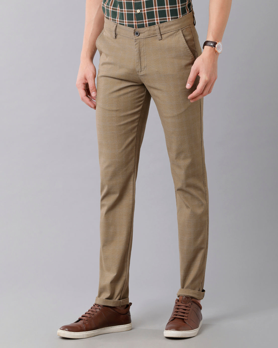 CP BRO Men's Cotton Checked Slim Fit Light Khaki Color Trousers | Tbn2-09 B