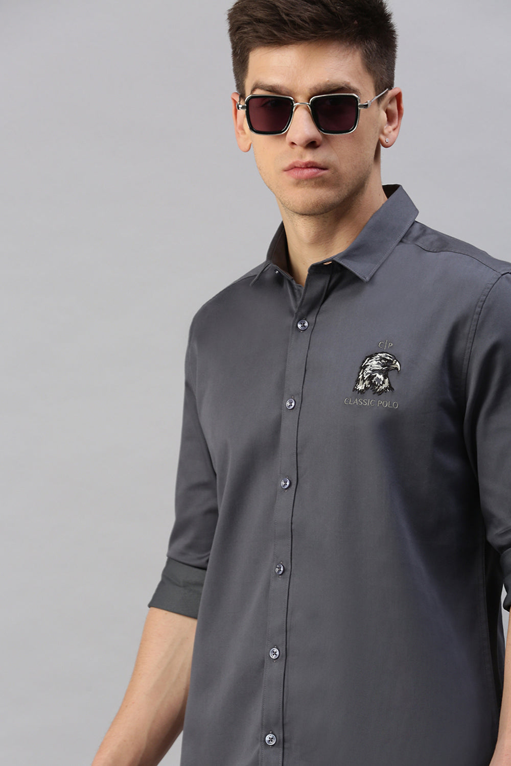 Classic Polo Men's Cotton Full Sleeve Solid Slim Fit Polo Neck Grey Color Woven Shirt | So1-38 C