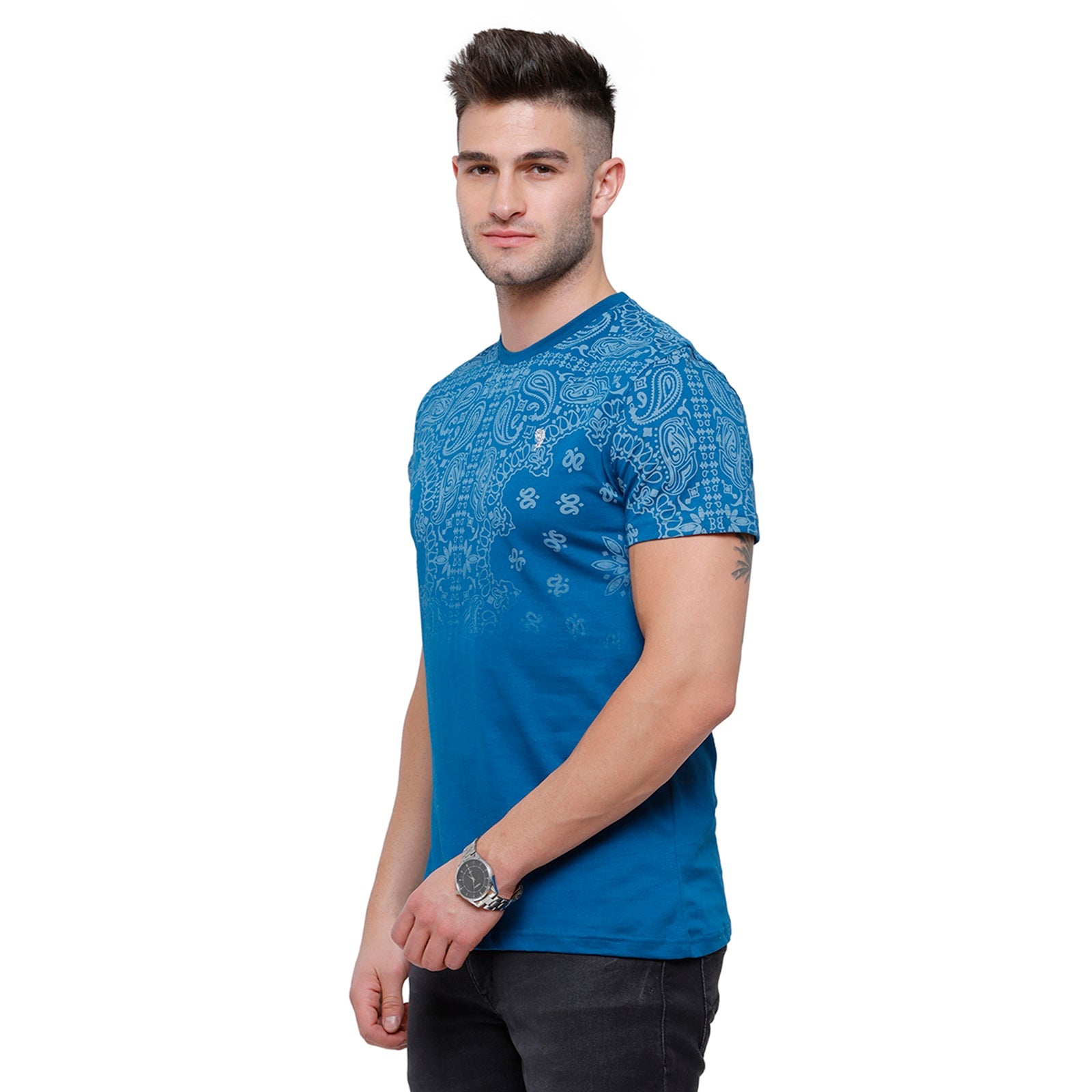 Swiss Club Mens Blue Printed Slim Fit Half Sleeve Round Neck T-Shirt - CUB 54 A T-shirt Swiss Club 