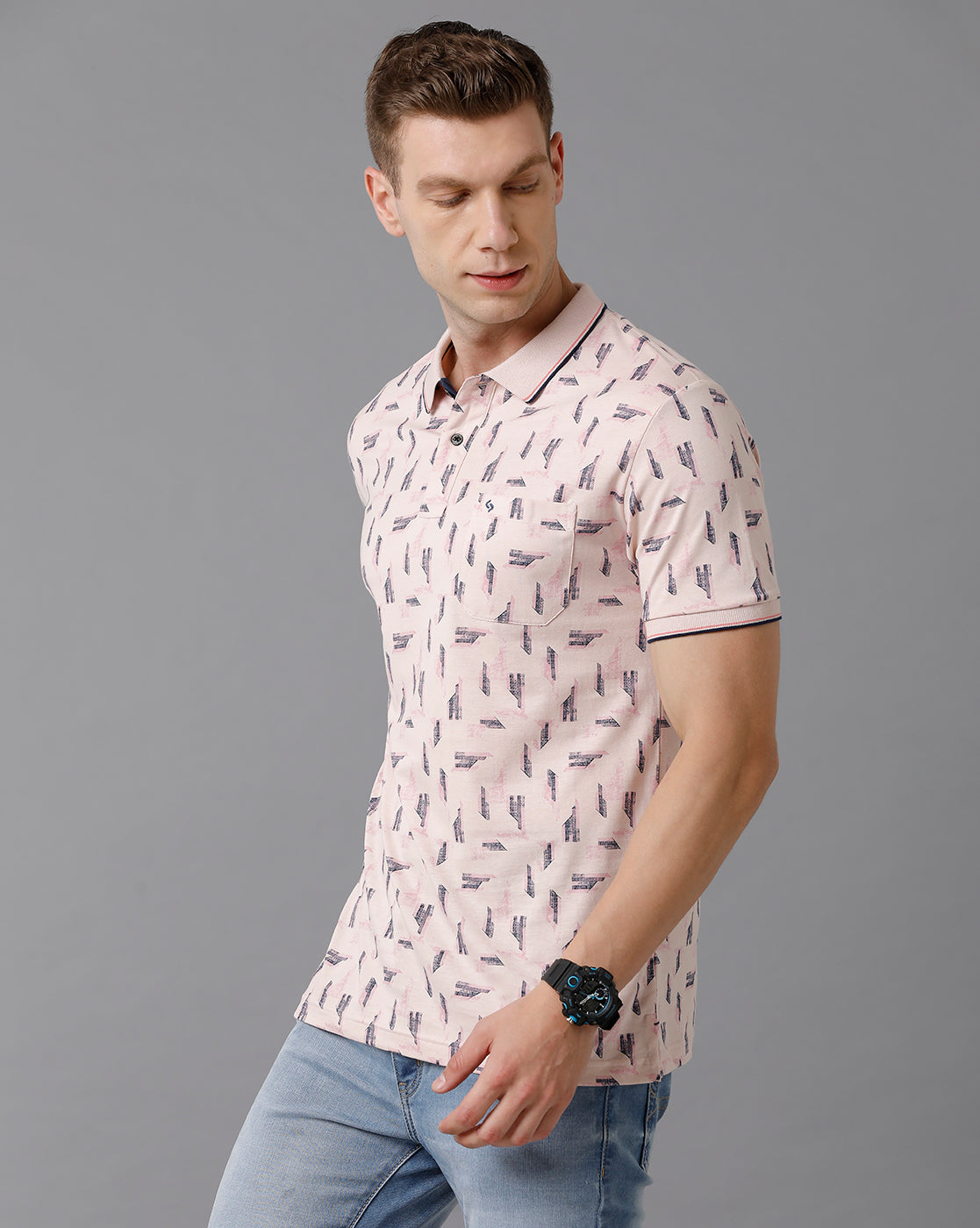 Classic Polo Men's Cotton Printed Slim Fit Pink T-Shirt | Bello - 183 A