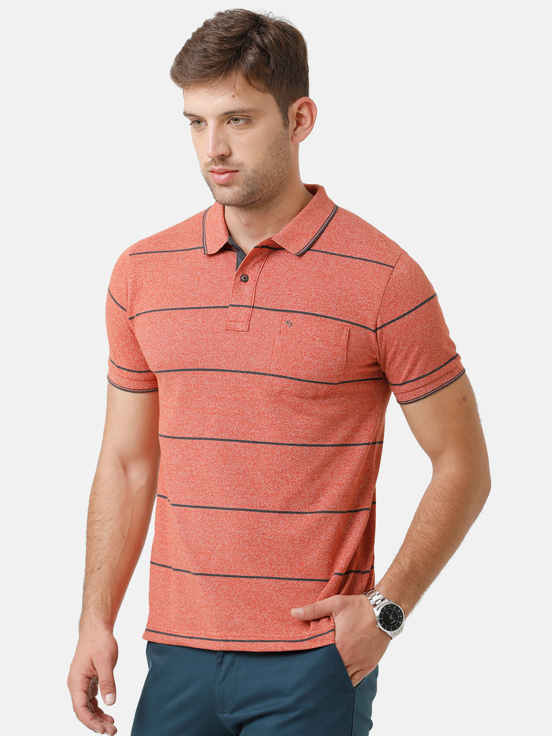 Classic Polo Mens Cotton Blend Striped Half Sleeve Slim Fit Polo Neck Peach Color T-Shirt | Adore 173 B