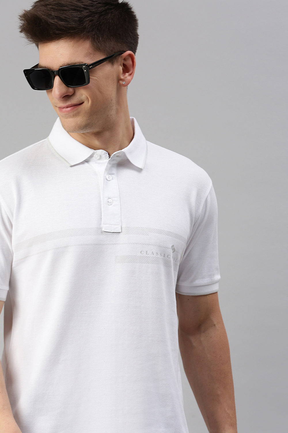 Classic Polo Men's Cotton Half Sleeve Printed Slim Fit Polo Neck White Color T-Shirt | Vivid Polo - 07 A