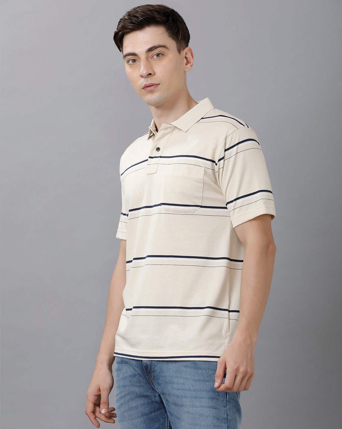 Classic Polo Mens Cotton Blend Striped Half Sleeve Authentic Fit Polo Neck White Color T-Shirt | Avon 492 A
