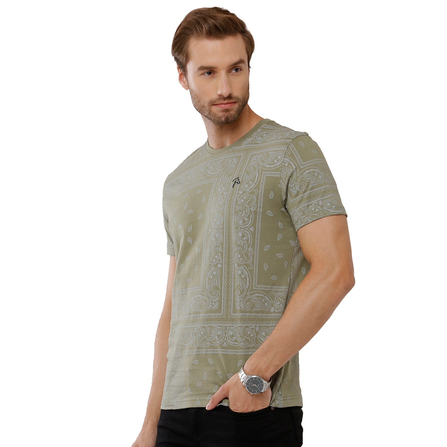 Classic Polo Bro Mens 100% Cotton Printed Half Sleeve Slim Fit Crew Neck Green Color T-Shirt (BRCN - 473 A SF C) Classic Polo 