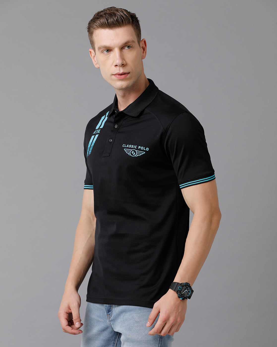 Classic Polo Men's Cotton Printed Half Sleeve Slim Fit Polo Neck Black Color T-Shirt | HS-PRM - 05 A