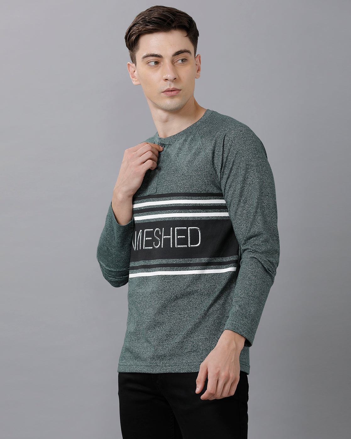 Classic Polo Mens Cotton Color Block Full Sleeve Slim Fit Round Neck Green Color T-Shirt | Baleno Fs 483 A