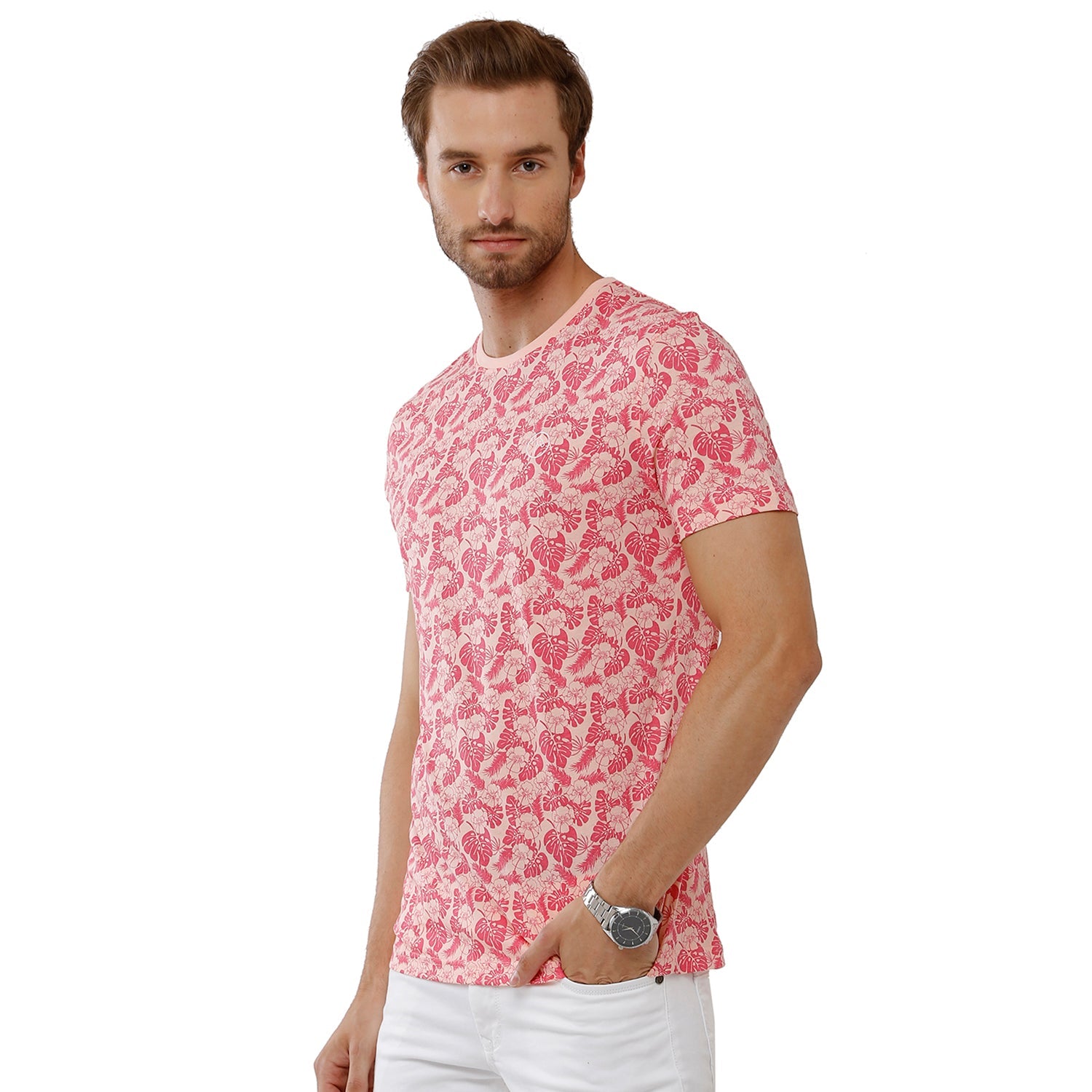 Classic Polo Bro Mens 100% Cotton Printed Half Sleeve Slim Fit Crew Neck Pink Color T-Shirt (BRCN - 475 A SF C) Classic Polo 