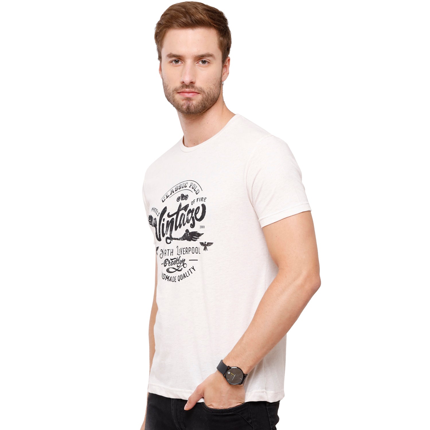 Classic Polo Mens Chest Print Half Sleeve Slim Fit Crew Neck T-Shirt (FLASH-RN-109 SF C) Classic Polo 