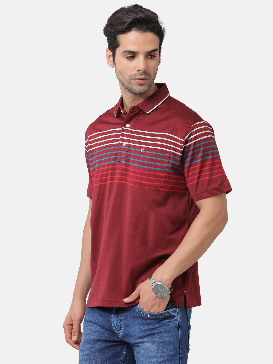 Classic Polo Mens Striped Authentic Fit Polo Neck Maroon Color T-Shirt | Ultimo 275A
