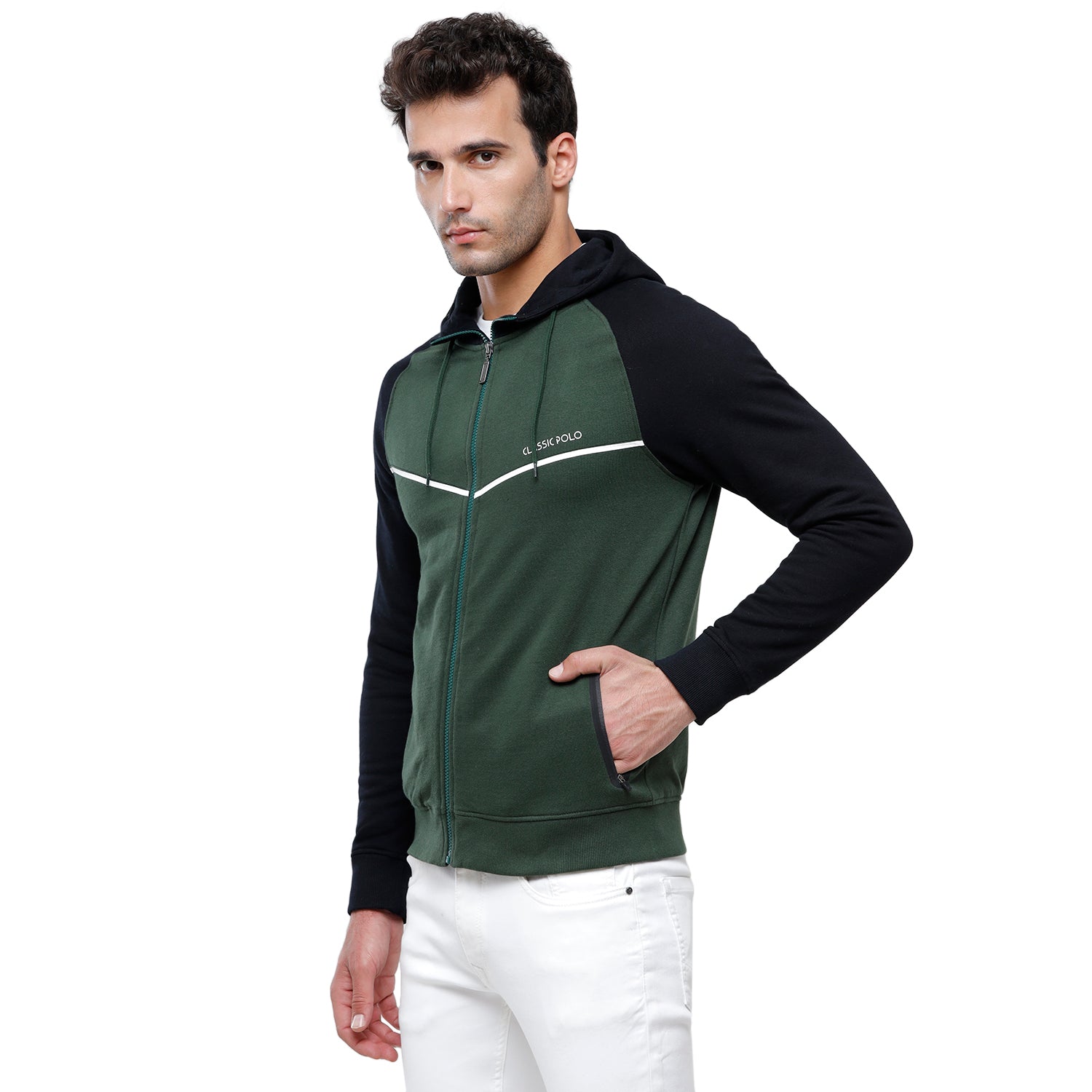 Classic Polo Men's Color Block Full Sleeve Green & Black Hooded Sweat Shirt - CPSS-325A Sweat Shirts Classic Polo 