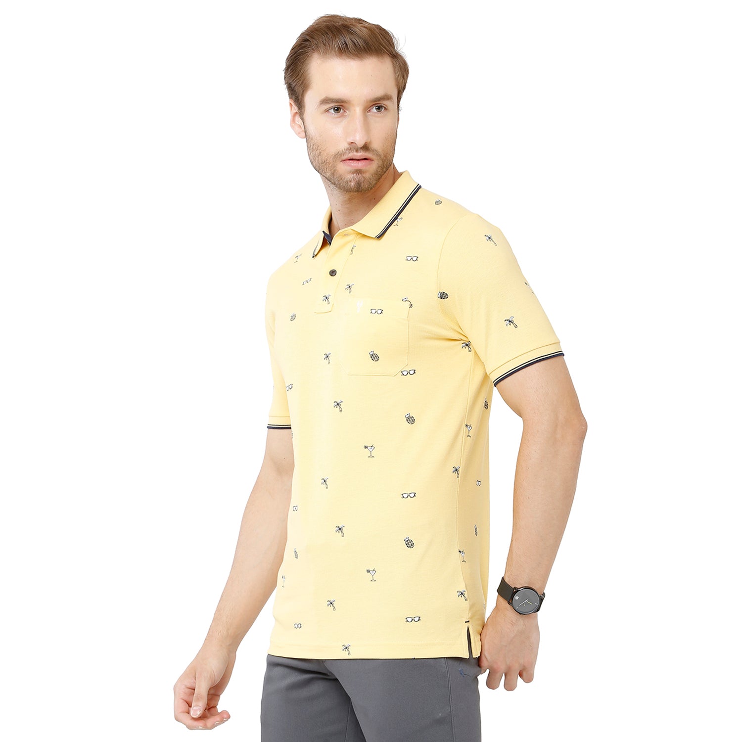Classic Polo Mens 100% Cotton Printed Slim Fit Yellow Color Polo Neck T-Shirt -BEAU 168 A T-shirt Classic Polo 