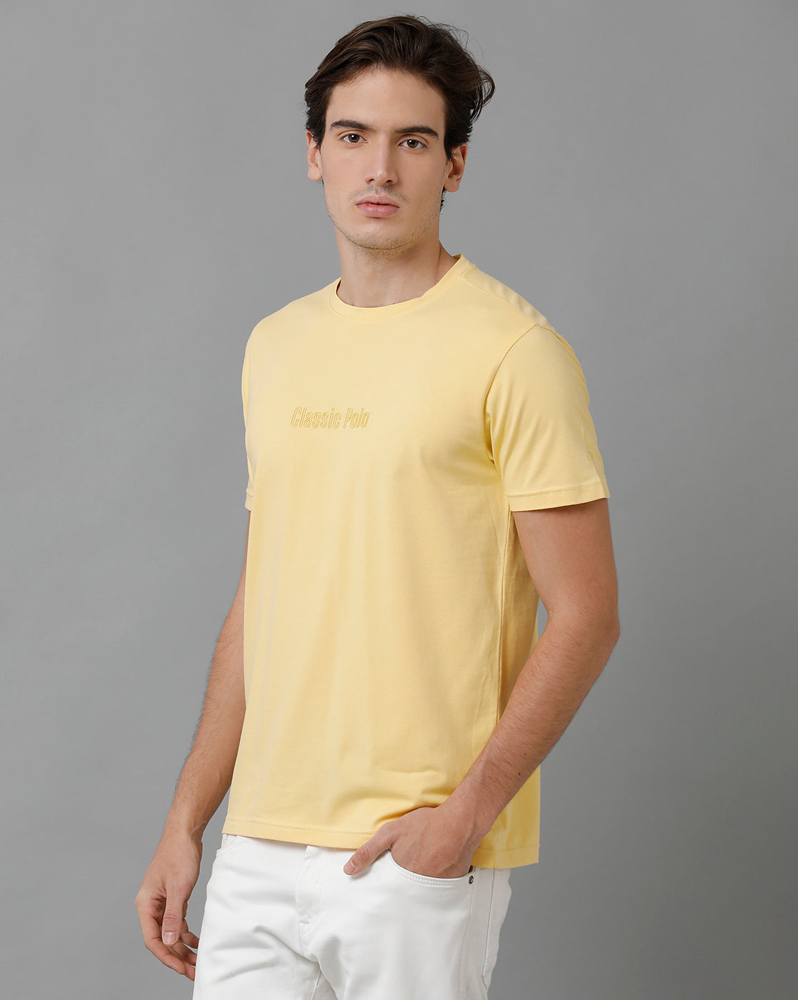 Classic Polo Men's Cotton Half Sleeve Solid Slim Fit Round Neck Yellow Color T-Shirt | Baleno - 507 B